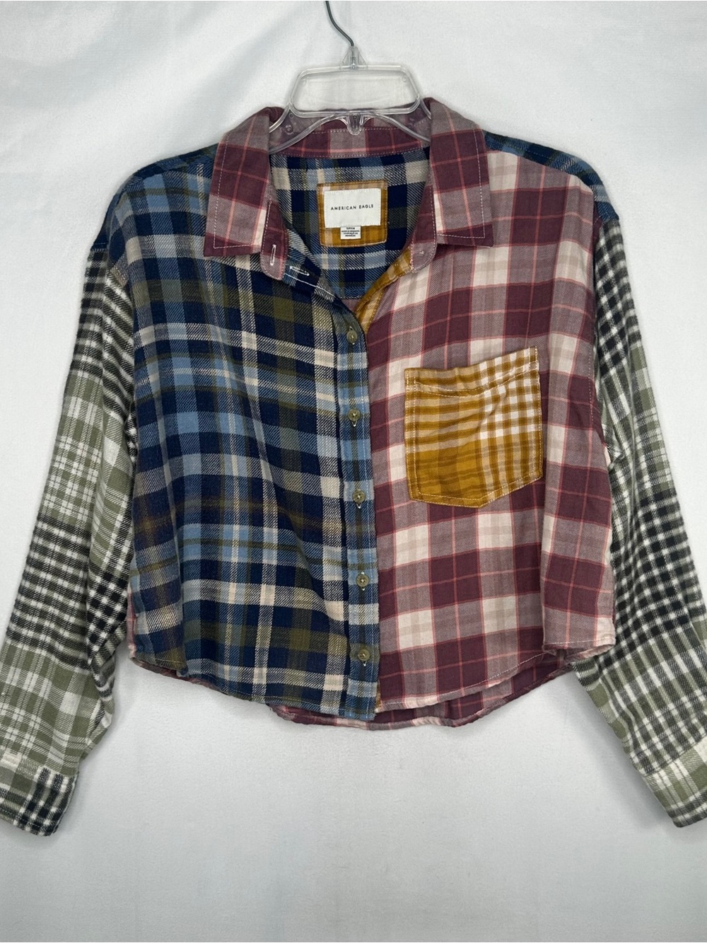 American Eagle Cozy Cabin  Cropped Plaid Flannel Shirt Blue, Mustard, Olive Sz S